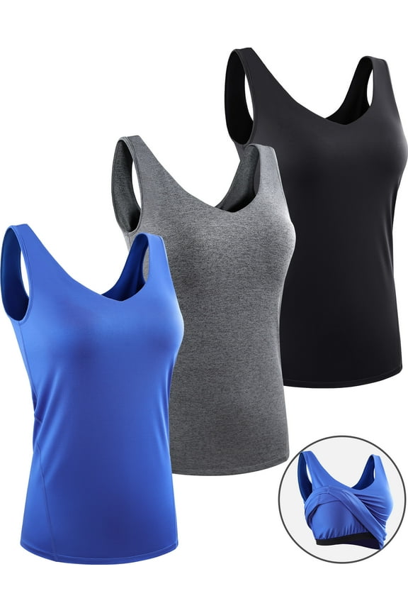 Womens Workout Compression Tank Top with Built in Bra V Neck Sleeveless Shirts 3 Pack,Black+Gray+Blue,US Size L