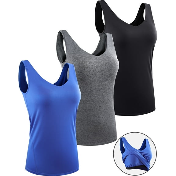 NELEUS Womens Workout Compression Tank Top with Built in Bra V Neck Sleeveless Shirts 3 Pack,Black Gray Blue,US Size XL