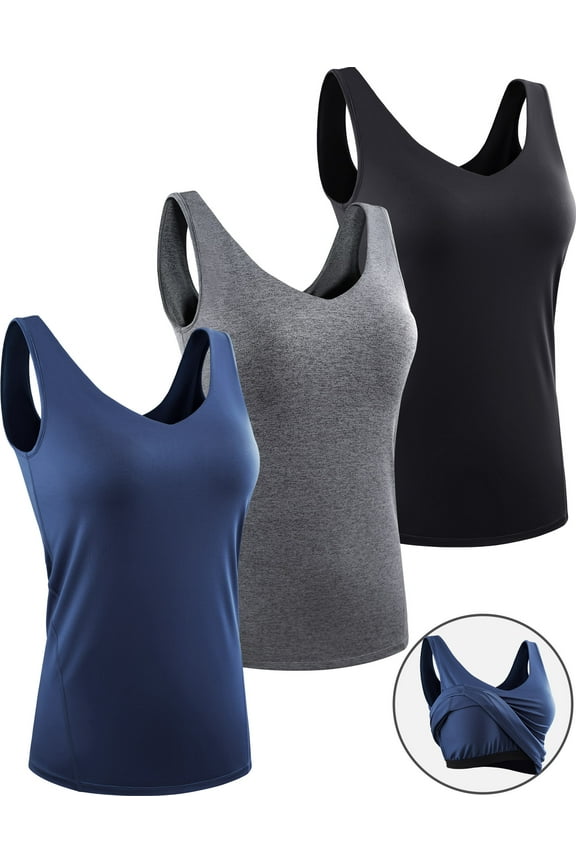 Womens Workout Compression Tank Top with Built in Bra V Neck Sleeveless Shirts 3 Pack,Black+Gray+Navy Blue,US Size M
