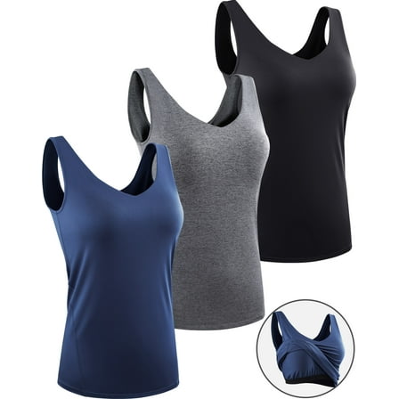 NELEUS Womens Workout Compression Tank Top with Built in Bra V Neck Sleeveless Shirts 3 Pack,Black+Gray+Navy Blue,US Size S