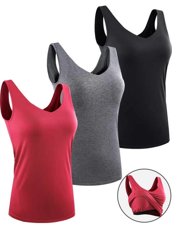 Womens Plus Size Workout Compression Tank Top with Built in Bra V Neck Sleeveless Shirts 3 Pack,Black+Gray+Red,US Size 2XL