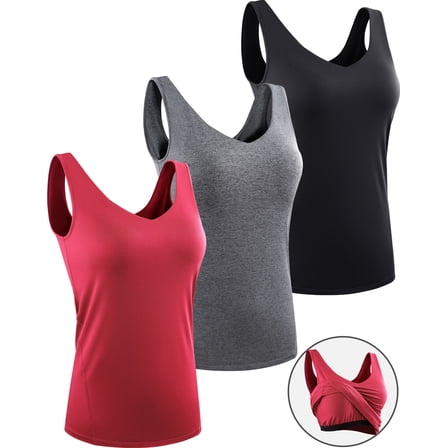 NELEUS Womens Workout Compression Tank Top with Built in Bra V Neck Sleeveless Shirts 3 Pack,Black+Gray+Red,US Size S