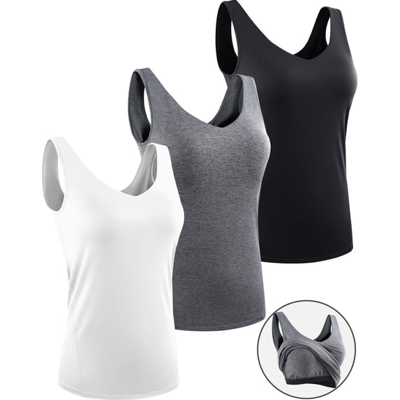 NELEUS Womens Plus Size Workout Compression Tank Top with Built in Bra V Neck Sleeveless Shirts 3 Pack,Black+Gray+White,US Size 2XL