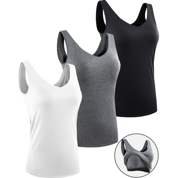 NELEUS Womens Workout Compression Tank Top with Built in Bra V Neck Sleeveless Shirts 3 Pack,Black+Gray+White,US Size L