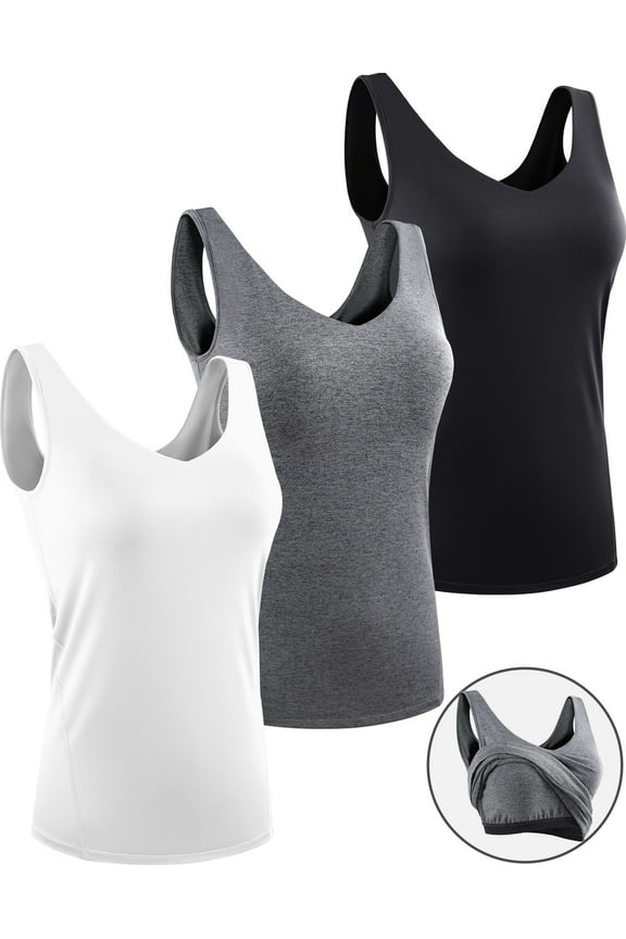Womens Workout Compression Tank Top with Built in Bra V Neck Sleeveless Shirts 3 Pack,Black+Gray+White,US Size XL
