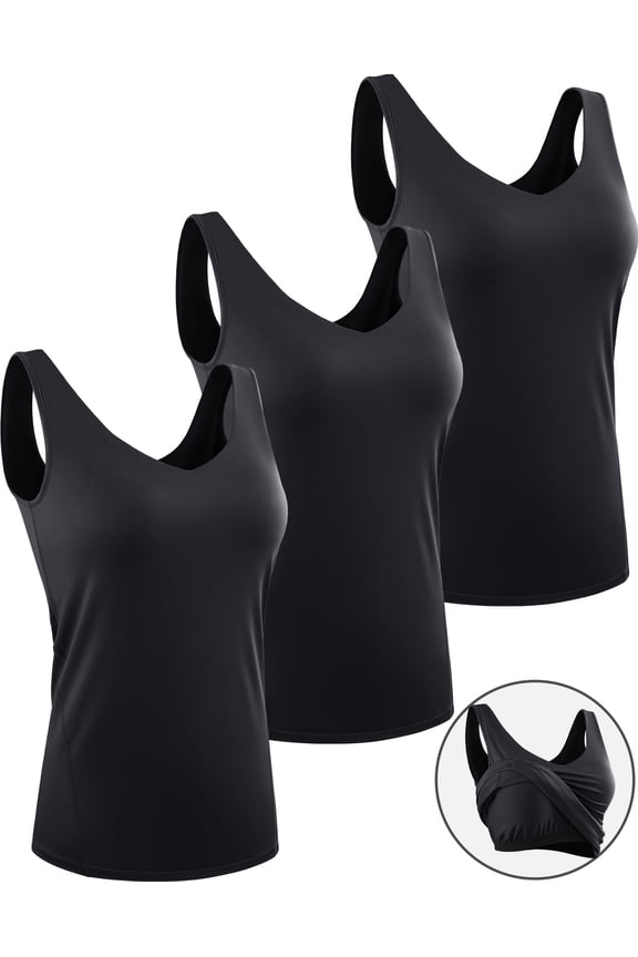 Womens Workout Compression Tank Top with Built in Bra V Neck Sleeveless Shirts 3 Pack,Black,US Size L