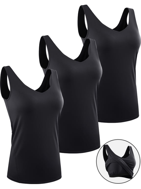 Womens Workout Compression Tank Top with Built in Bra V Neck Sleeveless Shirts 3 Pack,Black,US Size S