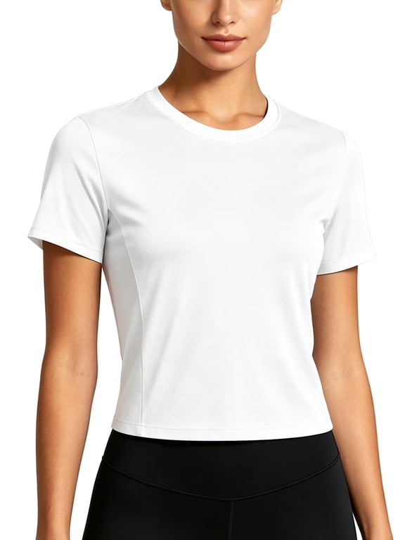 Womens Workout Shirts Athletic Running Yoga Short Sleeve Tops Tight Fit Breathable Crewneck,White,US Size L