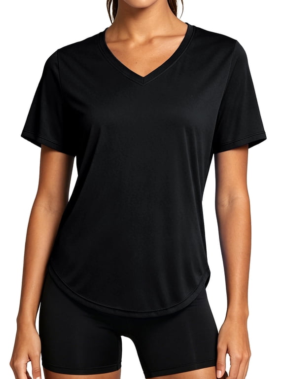 Womens Workout Shirts V-Neck Short Sleeve Tops UPF 50+ Sun Shirt Moisture Wicking Loose Fit Top for Athletic,Black,US Size XL