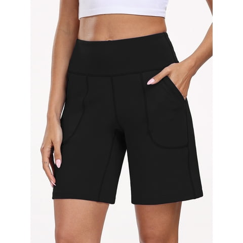 Womens Workout Shorts Wide Leg Athletic Yoga Shorts High Waisted Short with Pockets,Black,US Size L