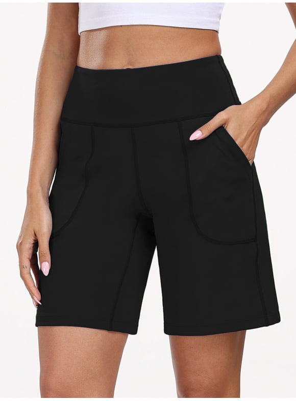 Womens Workout Shorts Wide Leg Athletic Yoga Shorts High Waisted Short with Pockets,Black,US Size L