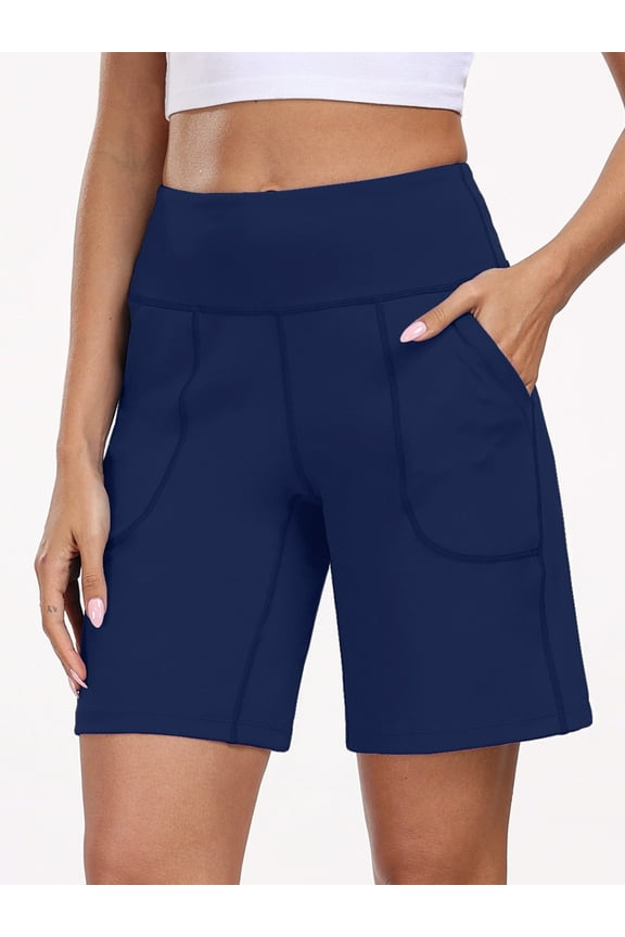 Womens Workout Shorts Wide Leg Athletic Yoga Shorts High Waisted Short with Pockets,Navy Blue,US Size 2XL