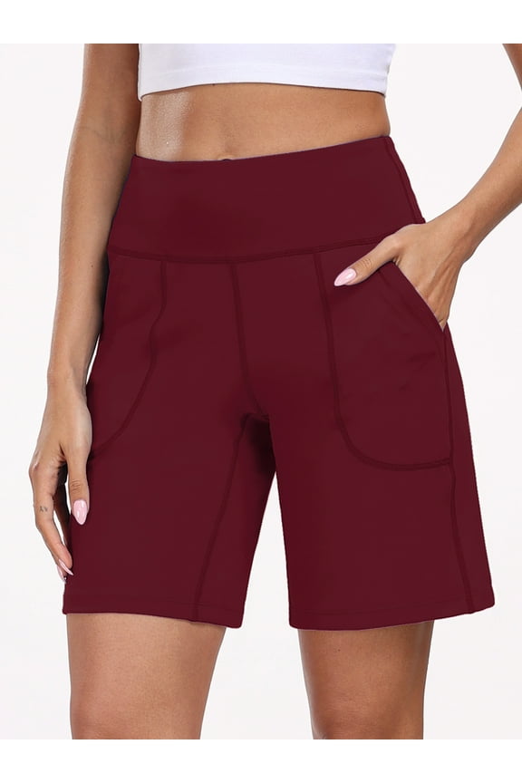 Womens Workout Shorts Wide Leg Athletic Yoga Shorts High Waisted Short with Pockets,Wine Red,US Size L