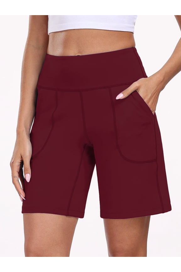 Womens Workout Shorts Wide Leg Athletic Yoga Shorts High Waisted Short with Pockets,Wine Red,US Size XL