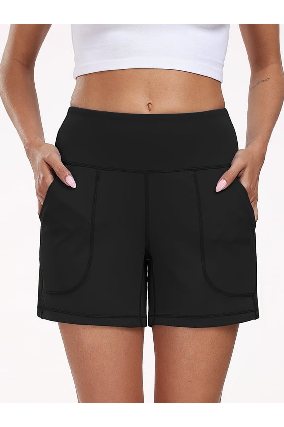 Womens Workout Shorts Wide Leg Yoga Shorts for Women Casual Summer Athletic Short with Pockets,Black,US Size L