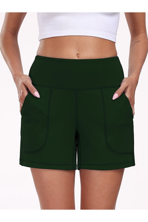 Womens Workout Shorts Wide Leg Yoga Shorts for Women Casual Summer Athletic Short with Pockets,Dark Green,US Size M