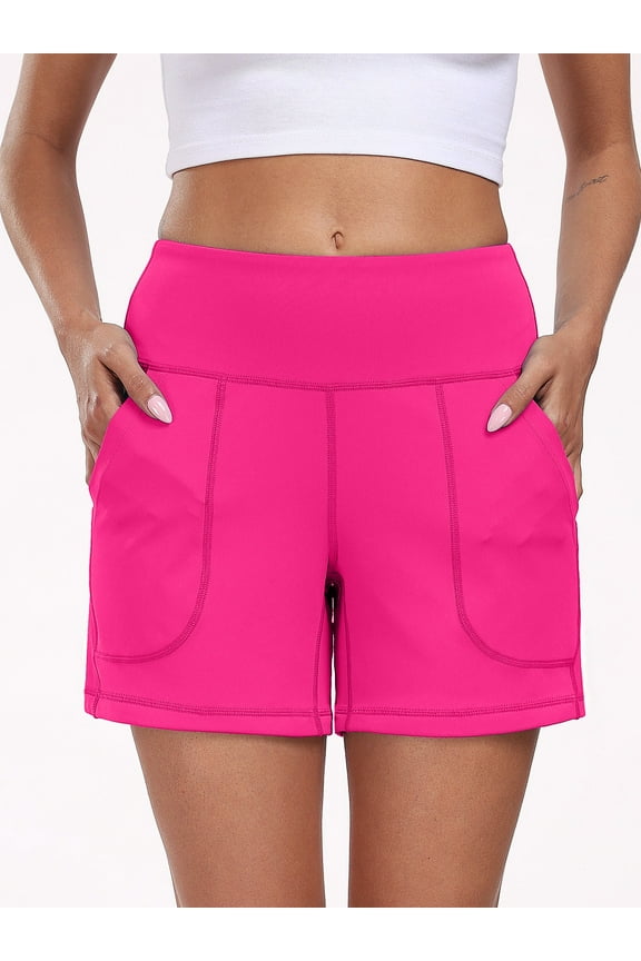 Womens Workout Shorts Wide Leg Yoga Shorts for Women Casual Summer Athletic Short with Pockets,Rose Red,US Size L