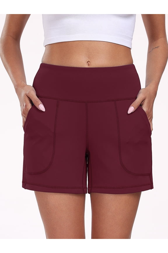 Womens Plus Size Workout Shorts Wide Leg Yoga Shorts for Women Casual Summer Athletic Short with Pockets,Wine Red,US Size 2XL