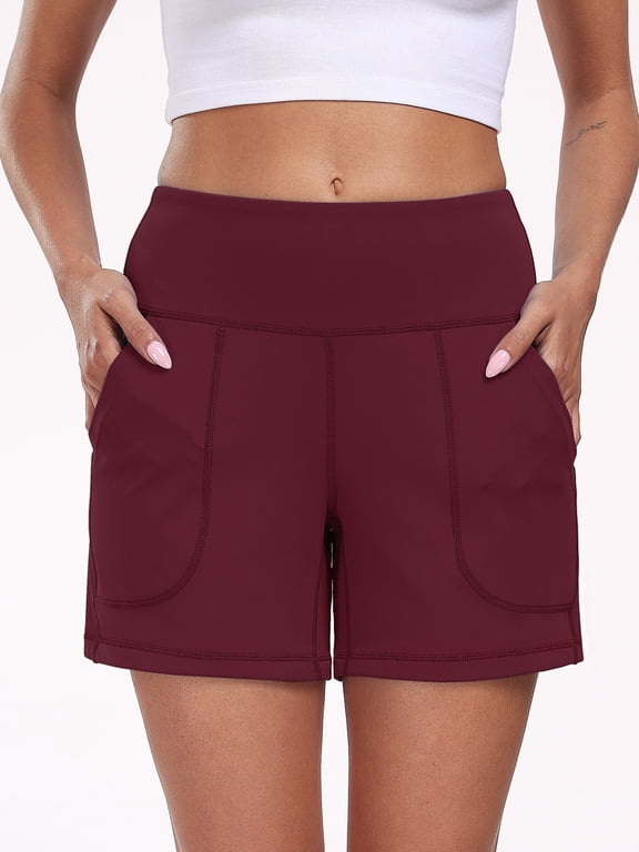 Womens Plus Size Workout Shorts Wide Leg Yoga Shorts for Women Casual Summer Athletic Short with Pockets,Wine Red,US Size 2XL
