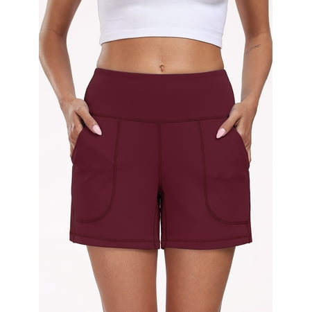 NELEUS Womens Workout Shorts Wide Leg Yoga Shorts for Women Casual Summer Athletic Short with Pockets,Wine Red,US Size M