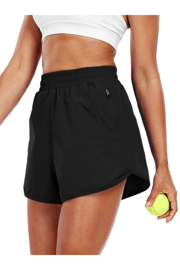 Womens Workout Shorts for Athletic Yoga Running Casual Short with Side Pocket,Black,US Size L