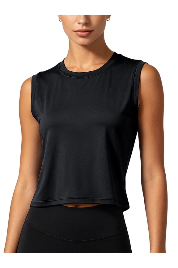 Womens Workout Tank Tops Athletic Crop Top Loose Fit Yoga Shirts Quick Dry Sleeveless,Black,US Size L