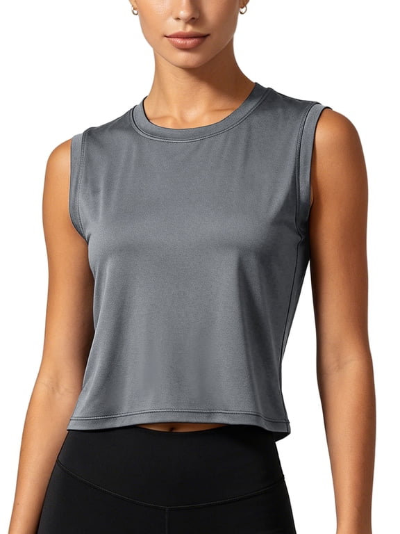 Womens Workout Tank Tops Athletic Crop Top Loose Fit Yoga Shirts Quick Dry Sleeveless,Gray,US Size L