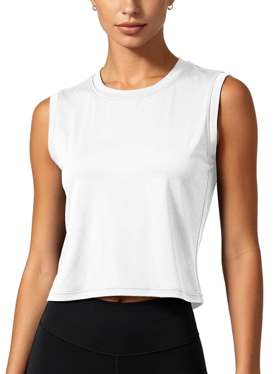 Womens Workout Tank Tops Athletic Crop Top Loose Fit Yoga Shirts Quick Dry Sleeveless,White,US Size S