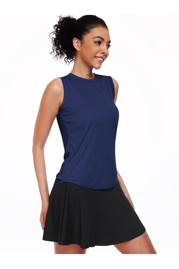 Womens Workout Tank Tops UPF50+ Loose Fit High Neck for Athletic Yoga Casual Tops,Navy Blue,US Size M