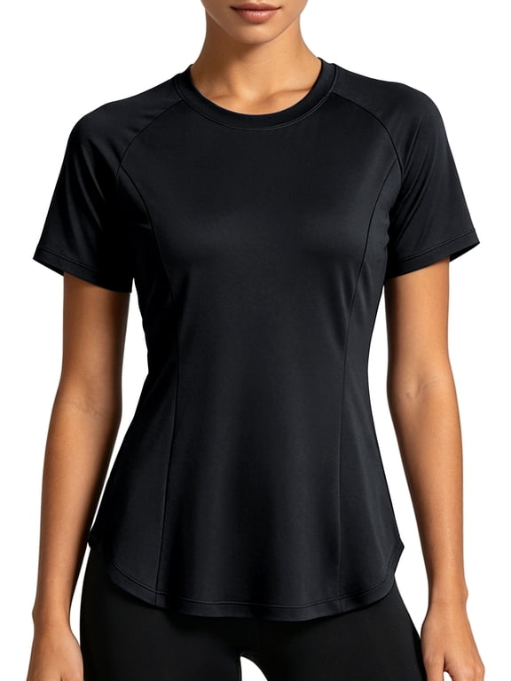 Womens Workout Tops for Activewear Athletic Gym Tee Casual Tops Loose Fit Quick Dry Crew Neck,Black,US Size M