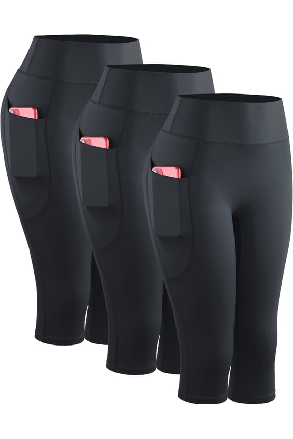 Womens Plus Size Yoga Capris Leggings For Workout With Pockets Tummy Control High Waist,Black+Black+Black,US Size 2XL