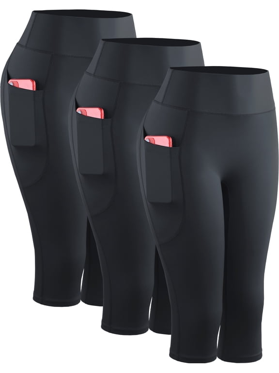 Womens Yoga Capris Leggings For Workout With Pockets Tummy Control High Waist,Black+Black+Black,US Size L