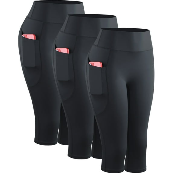 NELEUS Womens Yoga Capris Leggings For Workout With Pockets Tummy Control High Waist,Black+Black+Black,US Size XL