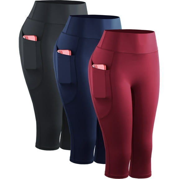 NELEUS Womens Yoga Capris Leggings For Workout With Pockets Tummy Control High Waist,Black+Dark Navy Blue+Red,US Size 2XL