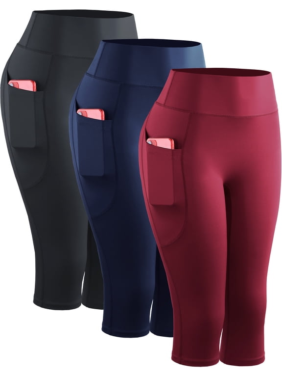 Womens Plus Size Yoga Capris Leggings For Workout With Pockets Tummy Control High Waist,Black+Dark Navy Blue+Red,US Size 2XL