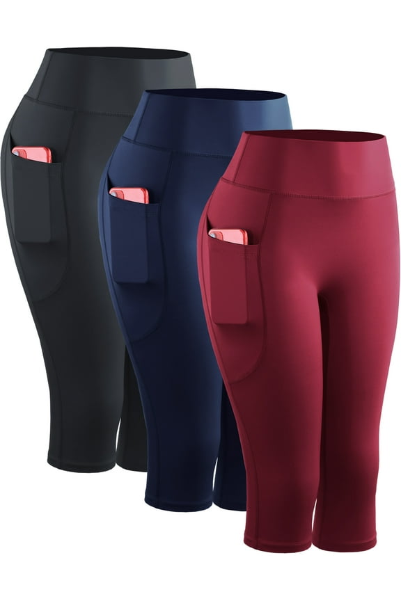 Womens Yoga Capris Leggings For Workout With Pockets Tummy Control High Waist,Black+Dark Navy Blue+Red,US Size 2XL