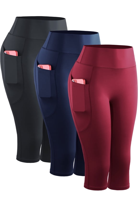 Womens Plus Size Yoga Capris Leggings For Workout With Pockets Tummy Control High Waist,Black+Dark Navy Blue+Red,US Size 2XL