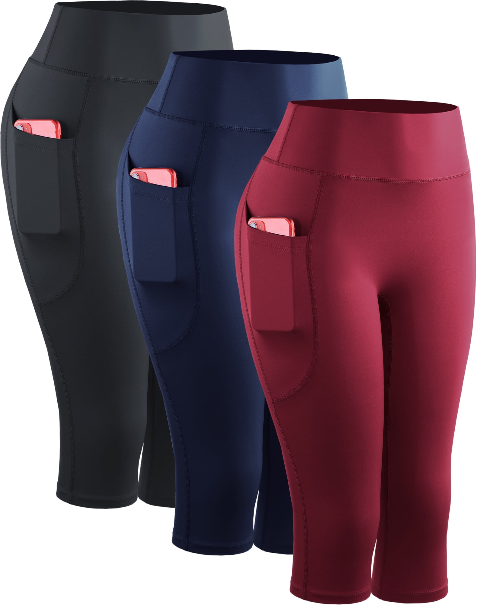 NELEUS Womens Yoga Capris Leggings For Workout With Pockets Tummy Control High Waist,Black+Dark Navy Blue+Red,US Size XL