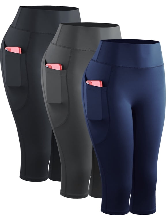 Womens Plus Size Yoga Capris Leggings For Workout With Pockets Tummy Control High Waist,Black+Gray+Dark Navy Blue,US Size 2XL