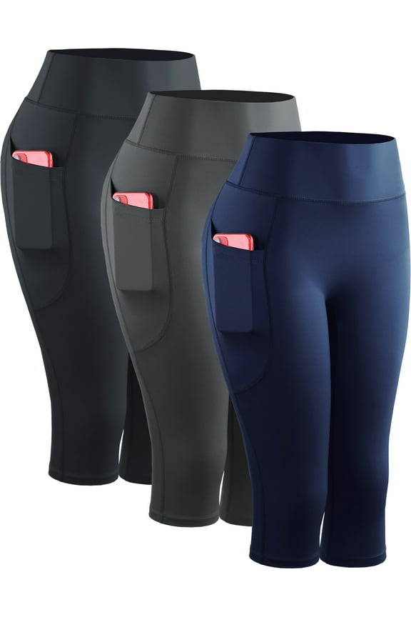 Womens Yoga Capris Leggings For Workout With Pockets Tummy Control High Waist,Black+Gray+Dark Navy Blue,US Size 2XL