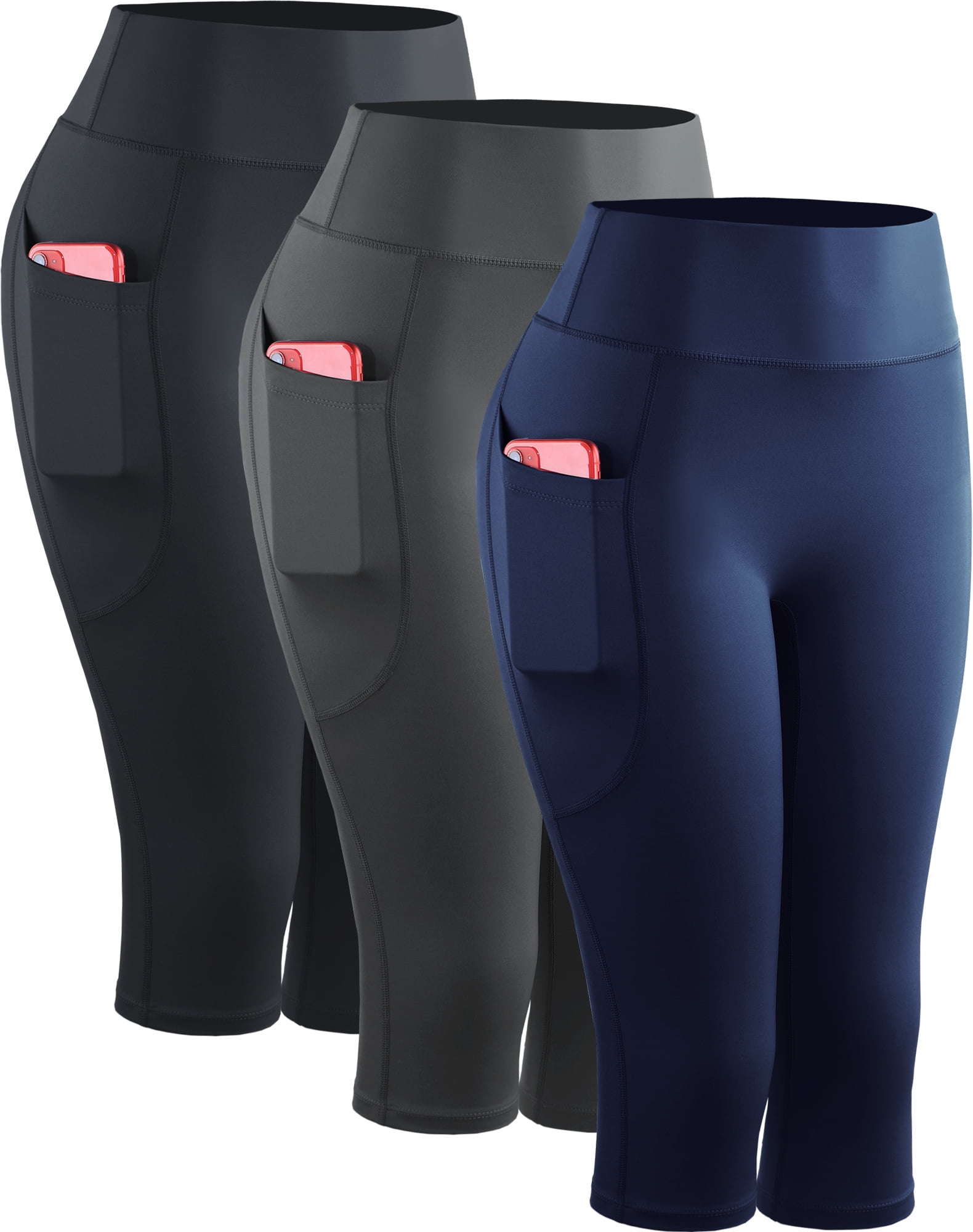 NELEUS Womens Yoga Capris Leggings For Workout With Pockets Tummy Control High Waist,Black+Gray+Dark Navy Blue,US Size M