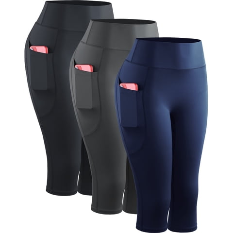 Womens Yoga Capris Leggings For Workout With Pockets Tummy Control High Waist,Black+Gray+Dark Navy Blue,US Size S
