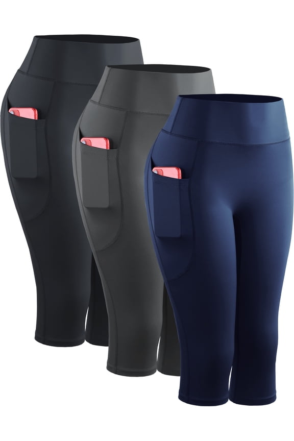 Womens Yoga Capris Leggings For Workout With Pockets Tummy Control High Waist,Black+Gray+Dark Navy Blue,US Size S