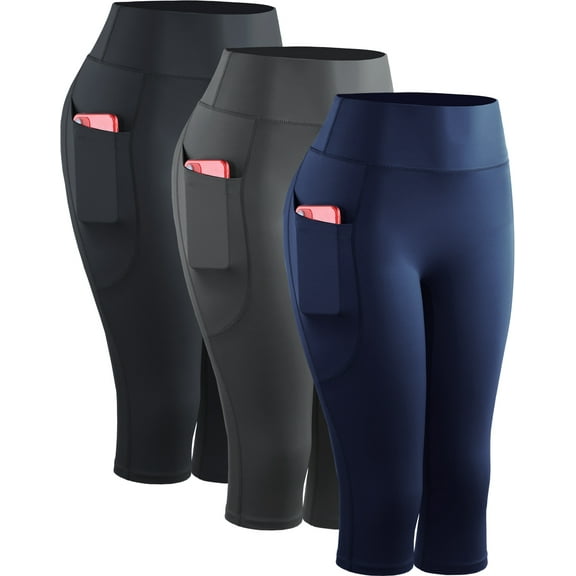 NELEUS Womens Yoga Capris Leggings For Workout With Pockets Tummy Control High Waist,Black+Gray+Dark Navy Blue,US Size XL