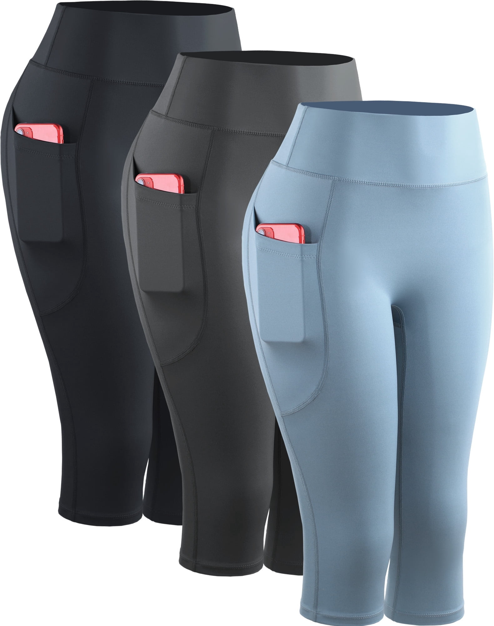 NELEUS Womens Plus Size Yoga Capris Leggings For Workout With Pockets Tummy Control High Waist,Black+Gray+Light Blue,US Size 2XL