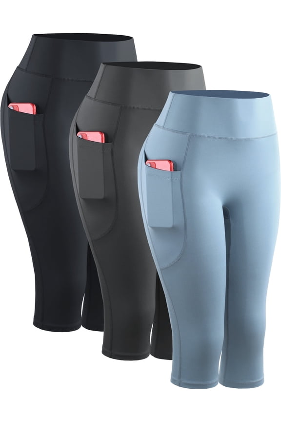 Womens Plus Size Yoga Capris Leggings For Workout With Pockets Tummy Control High Waist,Black+Gray+Light Blue,US Size 2XL