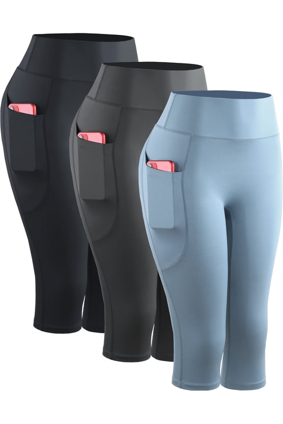 Womens Yoga Capris Leggings For Workout With Pockets Tummy Control High Waist,Black+Gray+Light Blue,US Size L