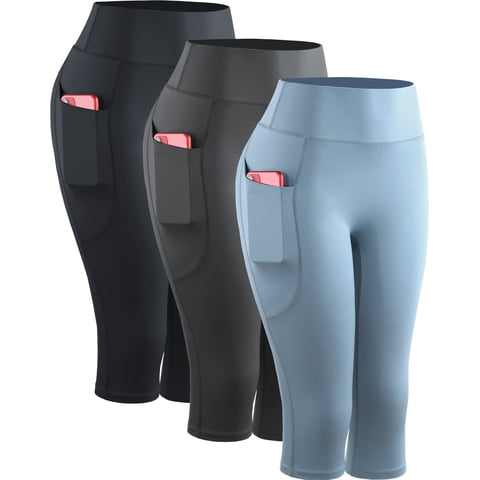 Womens Yoga Capris Leggings For Workout With Pockets Tummy Control High Waist,Black+Gray+Light Blue,US Size XL