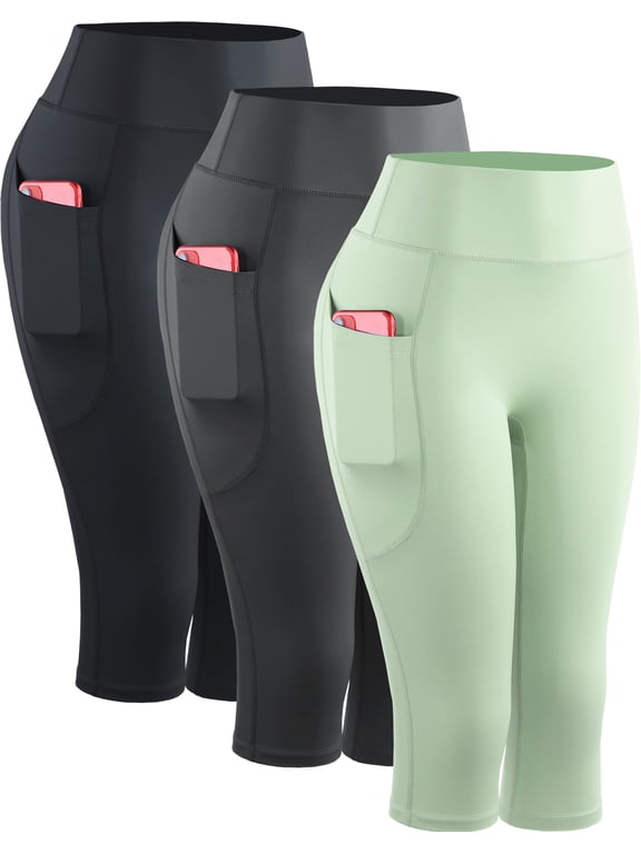 Womens Yoga Capris Leggings For Workout With Pockets Tummy Control High Waist,Black+Gray+Light Green,US Size M