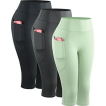 NELEUS Womens Yoga Capris Leggings For Workout With Pockets Tummy Control High Waist,Black+Gray+Light Green,US Size XL